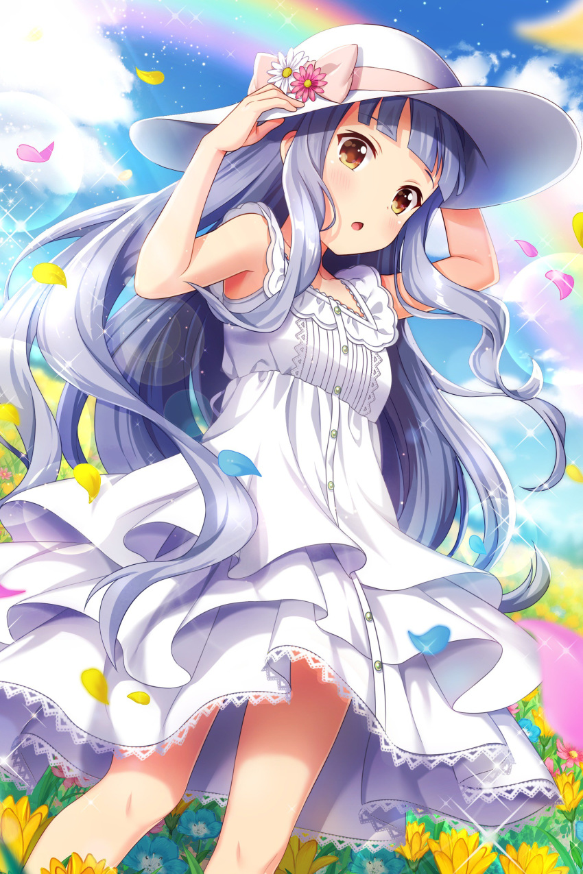 absurdres adjusting_clothes adjusting_hat alternative_girls bangs blue_flower blunt_bangs blush bow breasts brown_eyes buttons cloud cloudy_sky commentary_request day dress flower grey_hair hat hat_bow hat_flower highres hiiragi_tsumugi layered_dress long_hair looking_at_viewer medium_breasts official_art open_mouth outdoors pink_bow pink_flower pink_petals rainbow sky standing sun_hat very_long_hair wavy_hair white_dress white_hat yellow_flower yellow_petals