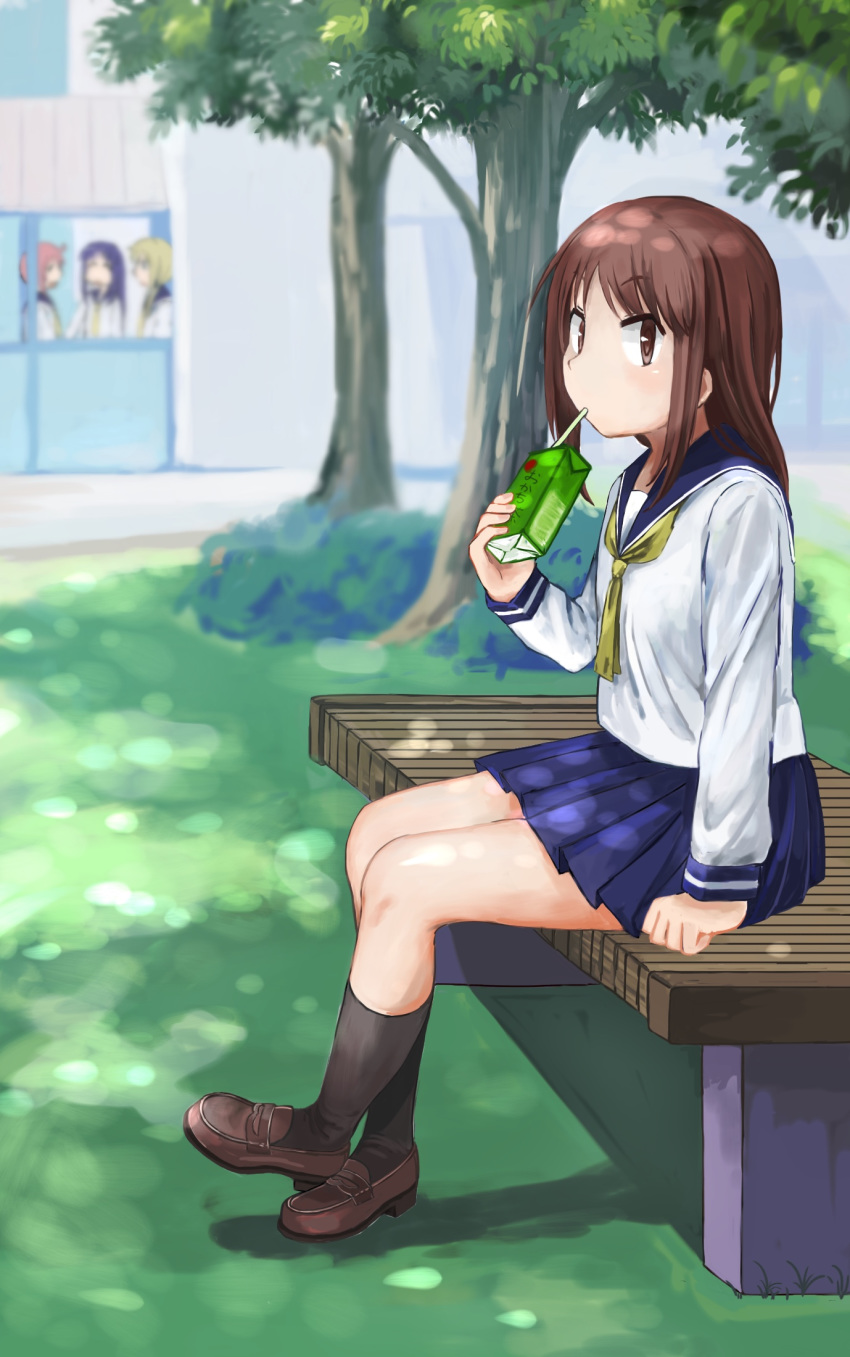 bangs bench black_legwear blue_skirt blurry blush brown_eyes brown_hair bush closed_mouth daifuku_(nyuudoukajika) day depth_of_field drinking_straw eyebrows_visible_through_hair feet_together grass highres hinata_yukari ichii_yui juice_box kneehighs loafers long_hair long_sleeves looking_at_viewer multiple_girls neckerchief nonohara_yuzuko okano_kei outdoors pleated_skirt school school_uniform school_uniform_(yuyushiki) serafuku shoes sitting skirt tree window yellow_neckwear yuyushiki