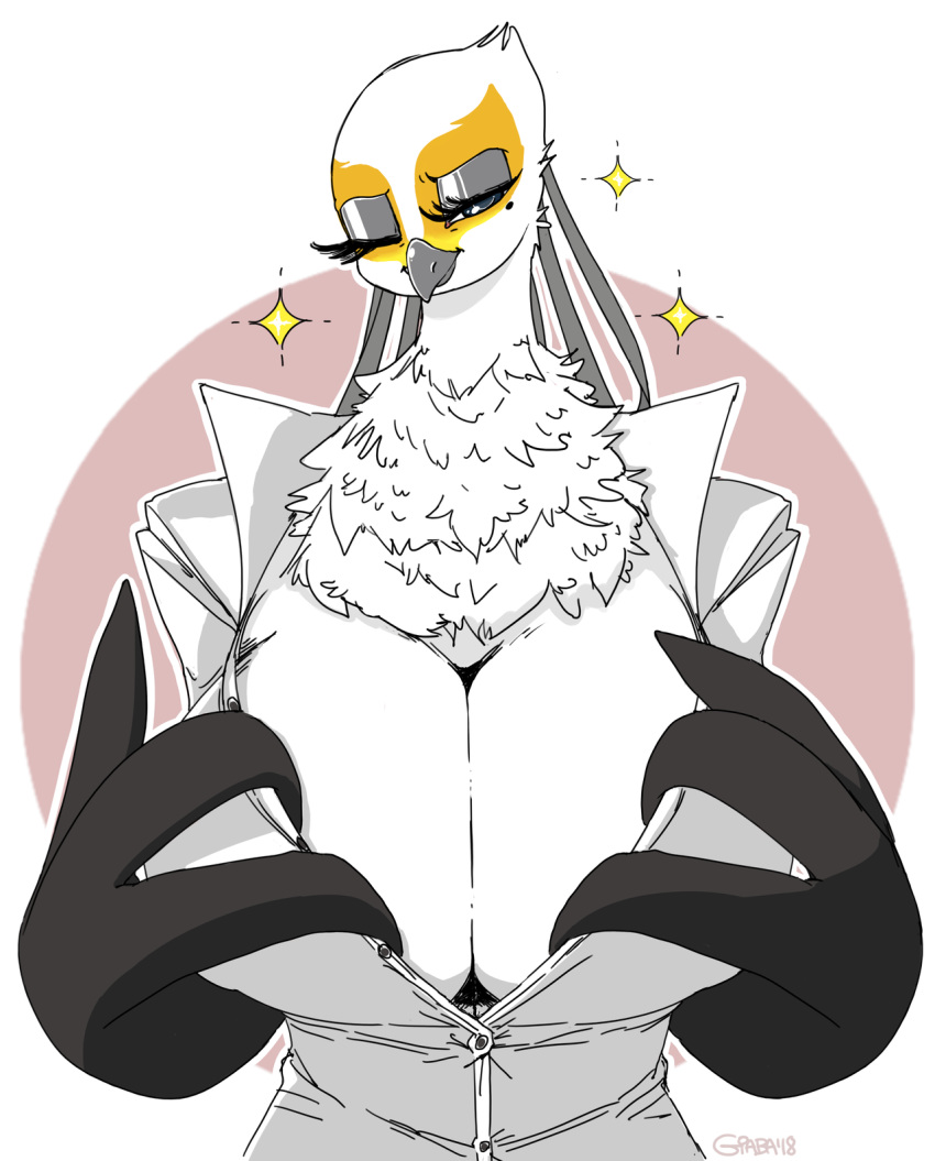 2018 aggressive_retsuko anthro avian beauty_mark big_breasts bird breasts chest_tuft cleavage clothed clothing eyelashes female giaba half-closed_eyes looking_at_viewer one_eye_closed sanrio secretary_bird shirt small_head smile solo tuft two_tone_background washimi