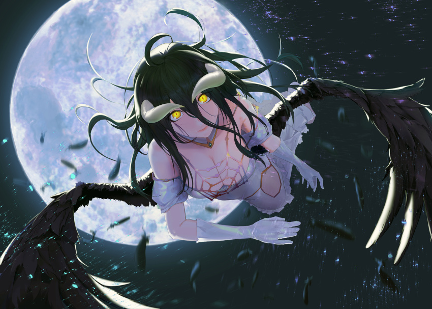 albedo black_hair breasts demon demon_girl demon_horns demon_wings dress elbow_gloves feathered_wings feathers flying gloves hair_between_eyes highres horns jewelry large_breasts long_hair looking_at_viewer moon necklace overlord_(maruyama) pothemuy shirt strapless strapless_dress thighhighs thighs white_gloves white_shirt wings yellow_eyes