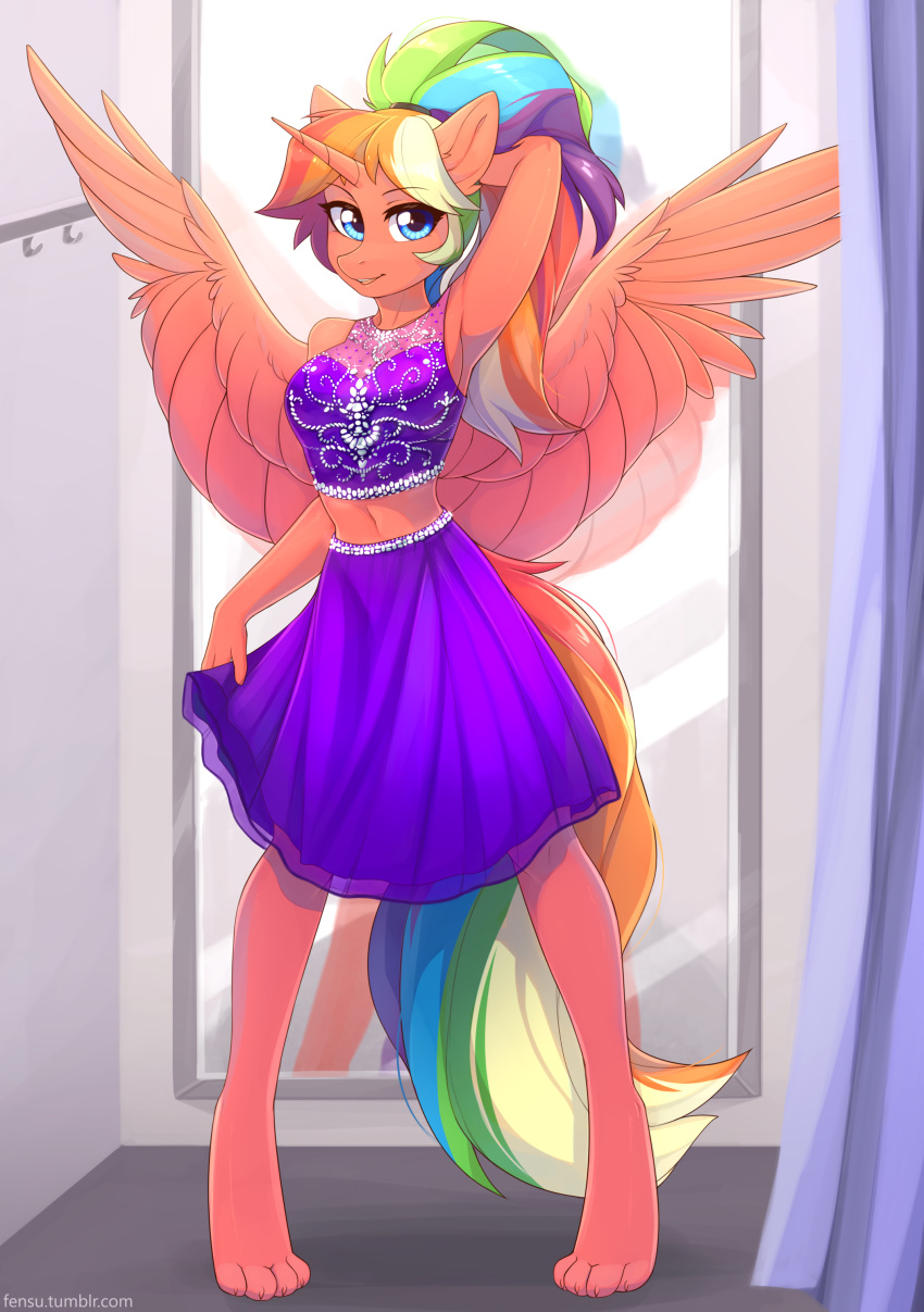 2018 4_toes absurd_res anthro blue_eyes breasts clothed clothing digital_media_(artwork) fan_character feathered_wings feathers female fensu-san hair hi_res inside long_hair looking_at_viewer mammal midriff mirror multicolored_hair navel pigeon_toed rainbow_hair skirt solo toes wings