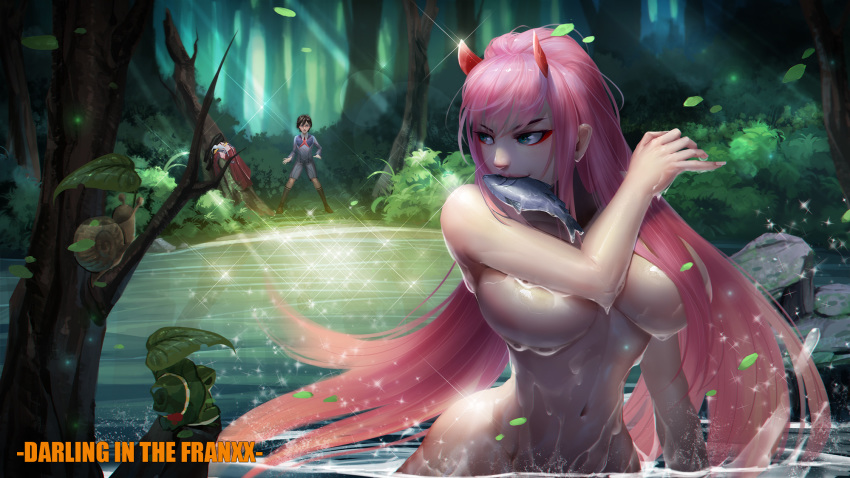 1girl animal bangs baschyf black_hair breasts brown_footwear bubble clothed_male_nude_female collarbone commentary_request copyright_name couple dappled_sunlight darling_in_the_franxx day fingernails fish fish_in_mouth forest green_eyes hair_ornament hair_over_breasts hairband hand_up hetero highres hiro_(darling_in_the_franxx) horns large_breasts leaf light_rays long_hair long_sleeves looking_at_another looking_back military military_uniform nature necktie nude oni_horns outdoors partially_submerged pink_hair red_horns red_neckwear snail socks sunbeam sunlight tree uniform water wet white_hairband zero_two_(darling_in_the_franxx)