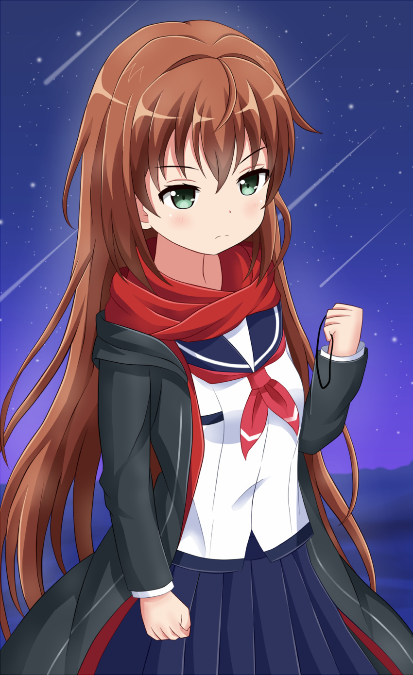 battle_girl_high_school brown_hair green_eyes highres koyuki_(azumaya999) long_hair misaki_(battle_girl_high_school) night night_sky red_hair scarf school_uniform sky solo star_(sky) starry_sky