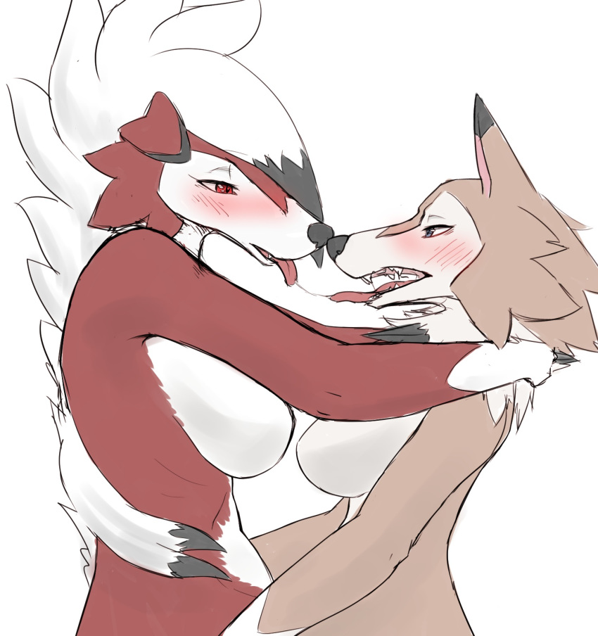 2018 anthro blush breasts canine duo female female/female lycanroc mammal midday_lycanroc midnight_lycanroc nintendo pok&eacute;mon pok&eacute;mon_(species) saliva simple_background string tongue tongue_out video_games white_background xan_(pixiv)