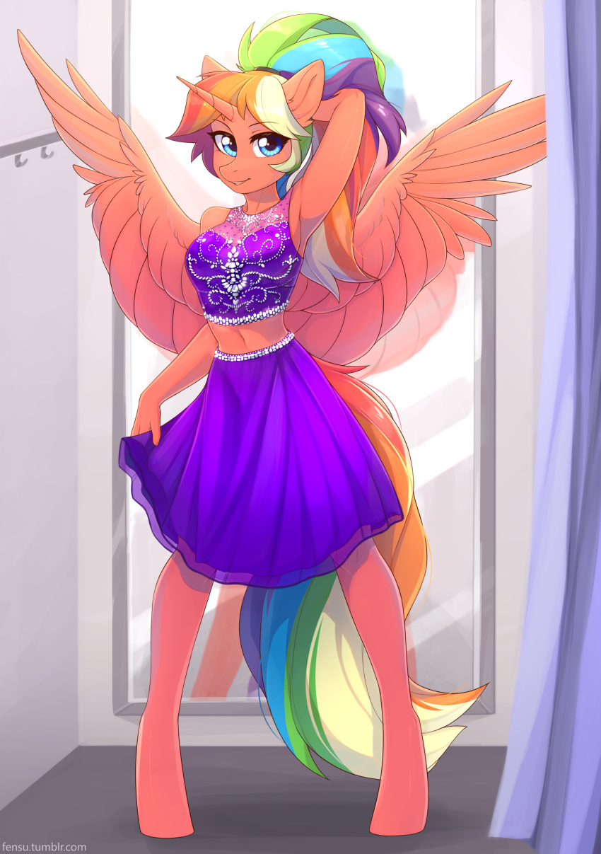 2018 absurd_res anthro blue_eyes breasts clothed clothing digital_media_(artwork) equine fan_character feathered_wings feathers female fensu-san hair hi_res horn inside long_hair looking_at_viewer mammal midriff mirror multicolored_hair my_little_pony navel pigeon_toed rainbow_hair skirt solo winged_unicorn wings