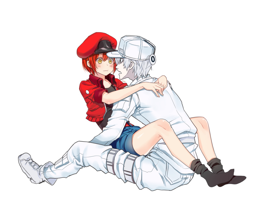 1girl ae-3803 bangs black_eyes black_legwear black_shirt blue_shorts blush boots brown_eyes cabbie_hat character_name closed_mouth commentary_request cropped_jacket eye_contact eyebrows_visible_through_hair flat_cap goyain hair_between_eyes hat hataraku_saibou highres hug jacket long_sleeves looking_at_another name_tag no_shoes open_mouth pants profile red_blood_cell_(hataraku_saibou) red_hair red_hat red_jacket shirt short_hair short_shorts short_sleeves shorts signature silver_hair simple_background sitting smile socks u-1146 white_background white_blood_cell_(hataraku_saibou) white_footwear white_hat white_jacket white_pants