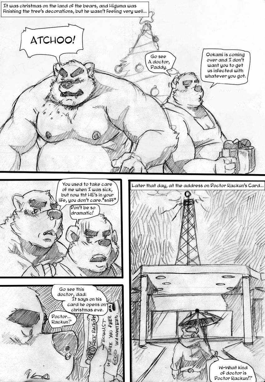 2015 anthro bear biceps blush building christmas christmas_tree clothed clothing comic dialogue duo english_text father father_and_son gift greyscale holding_gift holding_object holidays ill male mammal markwulfgar monochrome muscular muscular_male nipples parent pecs shirt sneeze snot son speech_bubble tank_top text topless tree umbrella