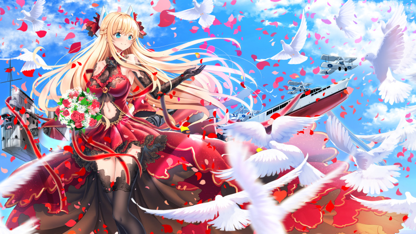 aircraft airplane animal azur_lane bangs bare_shoulders biplane bird black_gloves black_legwear blonde_hair blue_sky blush bouquet braid breasts closed_mouth cloud commentary_request day dress elbow_gloves eyebrows_visible_through_hair flower flying glorious_(azur_lane) gloves green_eyes hair_ribbon headgear highres holding holding_bouquet lace lace_gloves large_breasts long_hair looking_away looking_to_the_side navel navel_cutout outdoors petals red_dress red_flower red_ribbon red_rose ribbon rose rose_petals sky sleeveless sleeveless_dress smile solo standing swordsouls thighhighs very_long_hair