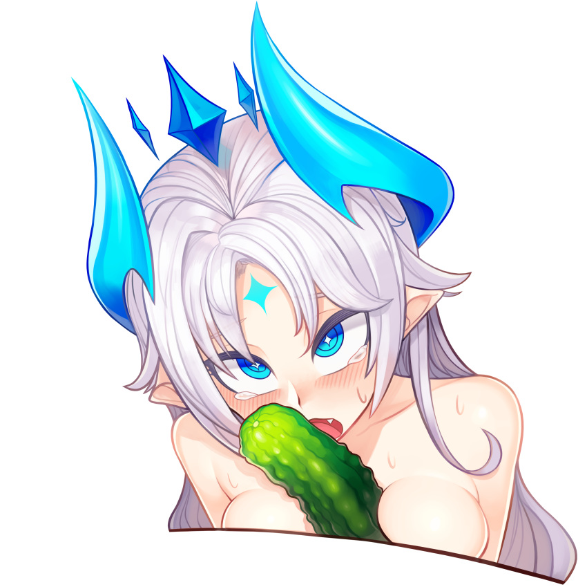 1girl 3gs absurdres between_breasts blush breasts collarbone crown cucumber elsword eyebrows_visible_through_hair fang highres horns ishtar_(elsword) long_hair luciela_r._sourcream pointy_ears sexually_suggestive sweat symbol tears topless white_hair