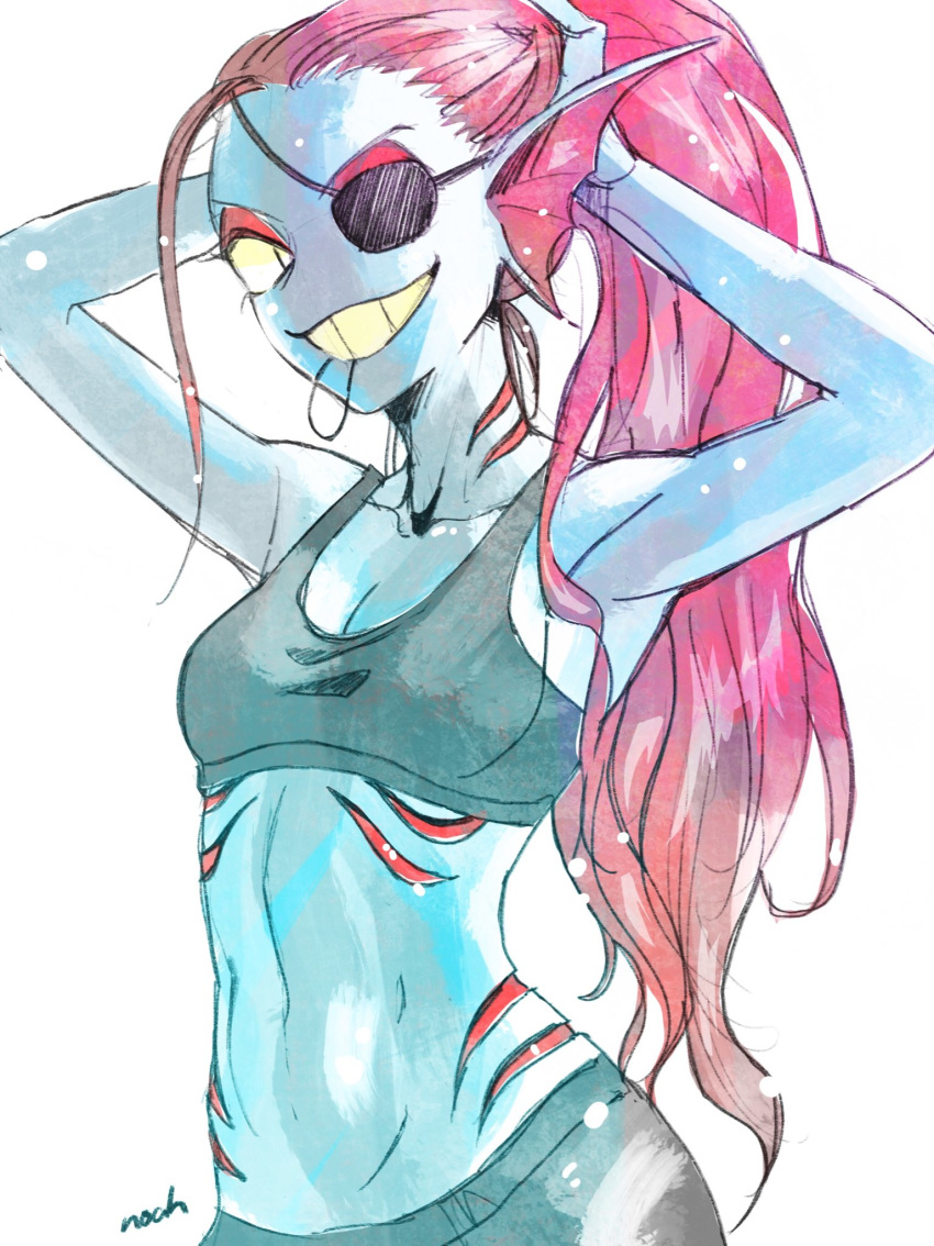 anthro blue_skin breasts cleavage clothed clothing eye_patch eyewear female fish gills grin hair long_hair looking_at_viewer marine midriff noaharbre ponytail raised_arm red_hair simple_background small_breasts smile solo sportswear standing undertale undyne video_games yellow_eyes yellow_teeth