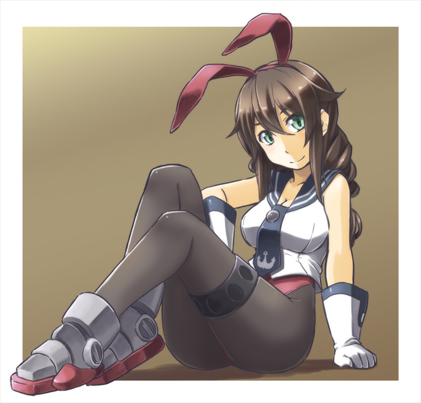 adapted_costume alto-00 anchor_symbol animal_ears bangs black_legwear black_neckwear black_sailor_collar braid breasts brown_background brown_hair bunny_ears bunny_girl bunnysuit cleavage full_body gloves gradient gradient_background green_eyes kantai_collection leotard long_hair looking_at_viewer necktie noshiro_(kantai_collection) pantyhose red_leotard sailor_collar solo swept_bangs twin_braids white_gloves