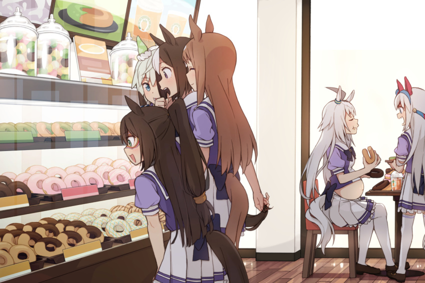 133431km animal_ears anthropomorphism bow brown_hair chocolate el_condor_pasa fang food grass_wonder green_eyes group headband mask oguri_cap ponytail purple_eyes seifuku seiun_sun skirt special_week tail tamamo_cross thighhighs uma_musume:_pretty_derby white_hair