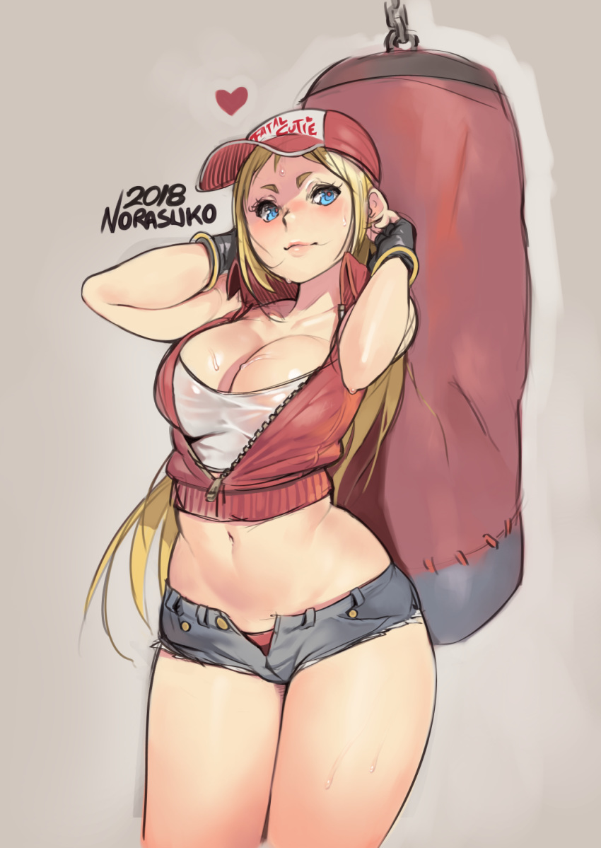 2018 arms_up artist_name baseball_cap blonde_hair blue_eyes breasts cleavage commentary crop_top curvy fatal_fury fingerless_gloves genderswap gloves hat heart highres long_hair looking_at_viewer navel norasuko open_fly panties punching_bag shirt short_shorts shorts simple_background sleeveless smile snk_heroines:_tag_team_frenzy solo stomach sweat terry_bogard the_king_of_fighters underwear vest wet wet_clothes wet_shirt