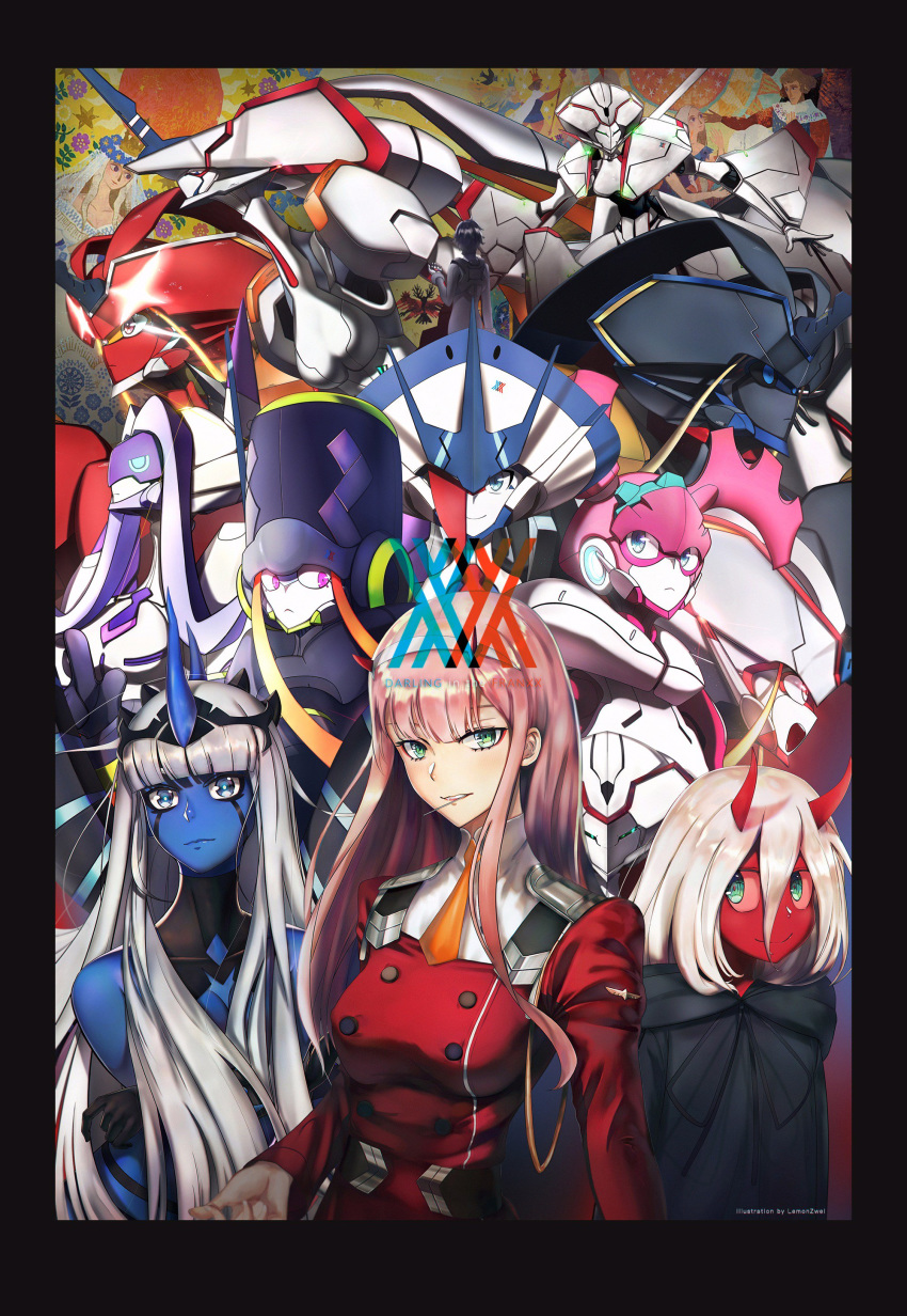 001_(darling_in_the_franxx) 1boy 2girls argentea_(darling_in_the_franxx) artist_name bangs black_bodysuit black_cloak black_hair blue_eyes blue_hair blue_horns blue_skin blunt_bangs bodysuit breasts chlorophytum cloak crossed_arms darling_in_the_franxx delphinium_(darling_in_the_franxx) dual_persona female genista_(darling_in_the_franxx) gloves green_eyes hair_ornament hairband high_resolution hiro_(darling_in_the_franxx) hood hooded_cloak horns in_mouth light_blue_hair long_hair long_sleeves looking_at_viewer male mecha medium_breasts military military_uniform multiple_girls murasaki_saki necktie oni_horns orange_neckwear parka pilot_suit pink_hair red_horns red_pupils red_sclera red_skin scar short_hair strelizia strelizia_apus uniform very_high_resolution white_gloves white_hair_ornament white_hairband younger zero_two_(darling_in_the_franxx)