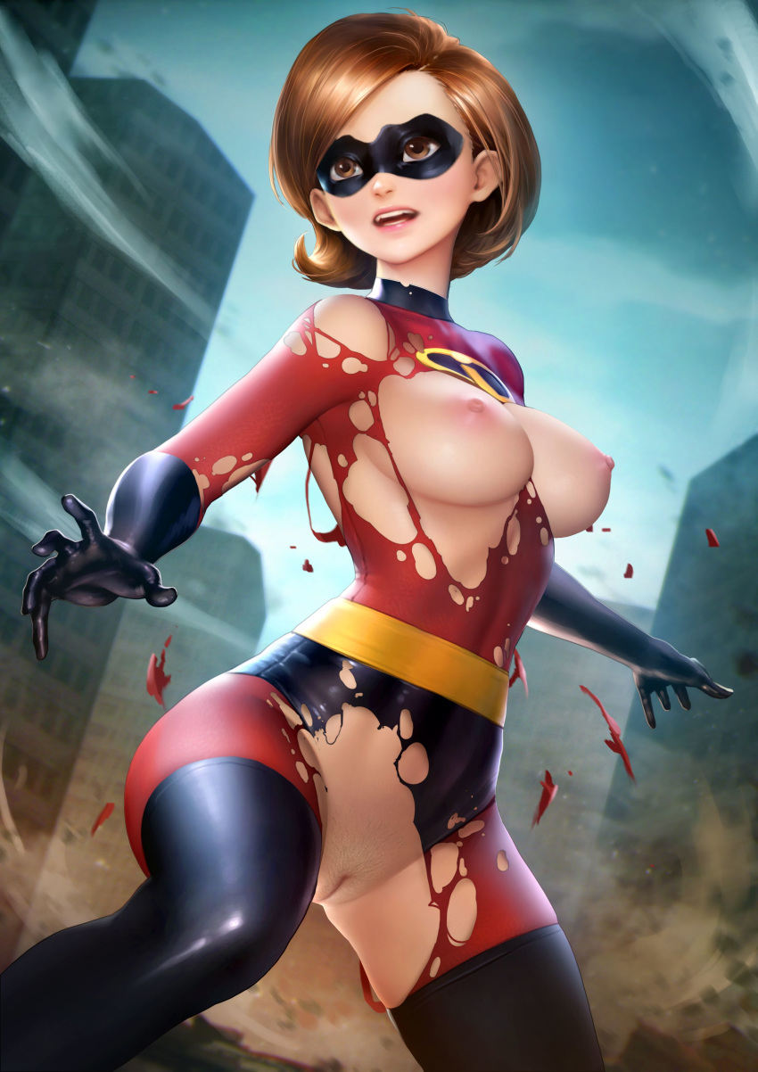 1girl areolae artist_name black_gloves black_legwear bodysuit breasts brown_eyes brown_hair building city crotch_cutout domino_mask elastigirl elbow_gloves eyes gloves helen_parr lips mask medium_breasts nipples nose nudtawut_thongmai outdoors pussy shiny shiny_clothes shiny_hair short_hair signature skin_tight smile solo spandex squatting superhero the_incredibles thighhighs thighs torn_bodysuit torn_clothes uncensored