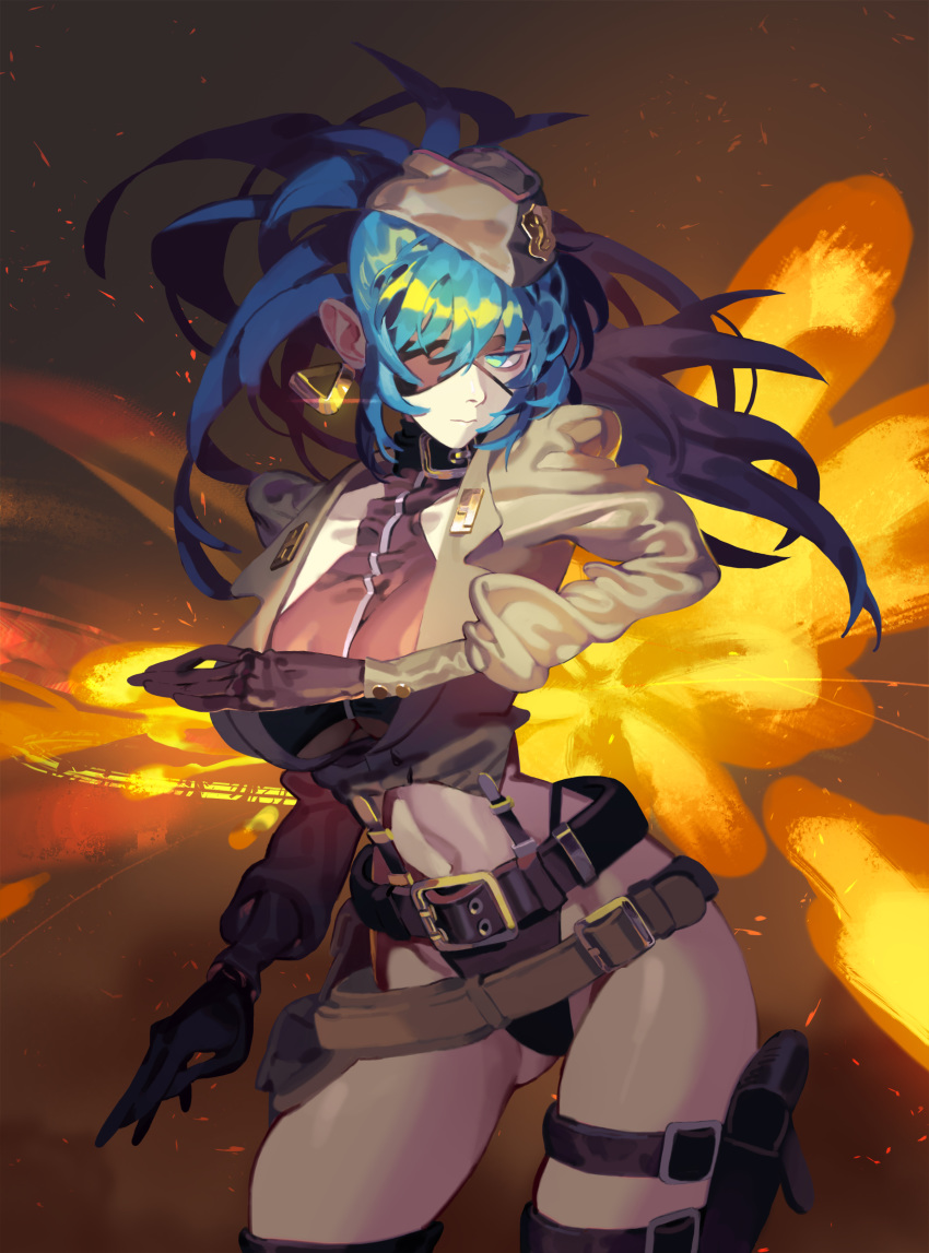 absurdres bangs belt black_bottomwear black_gloves black_tank_top blue_eyes blue_hair bravo233 breasts closed_mouth commentary_request explosion eyepatch facing_viewer gloves green_jacket hair_between_eyes hat highres holster jacket large_breasts leona_heidern looking_to_the_side midriff military_hat military_jacket navel ponytail snk_heroines:_tag_team_frenzy tank_top the_king_of_fighters thigh_holster thigh_strap thighs thong underboob