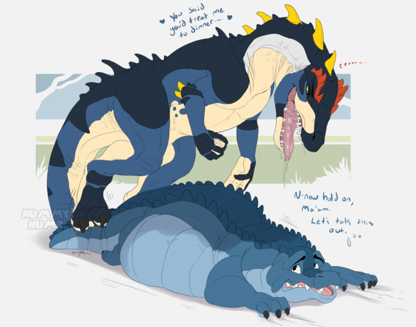 alligator crocodilian dakota_(tartii) dialogue dinosaur english_text female feral imminent_vore nummynumz reptile scalie text vore