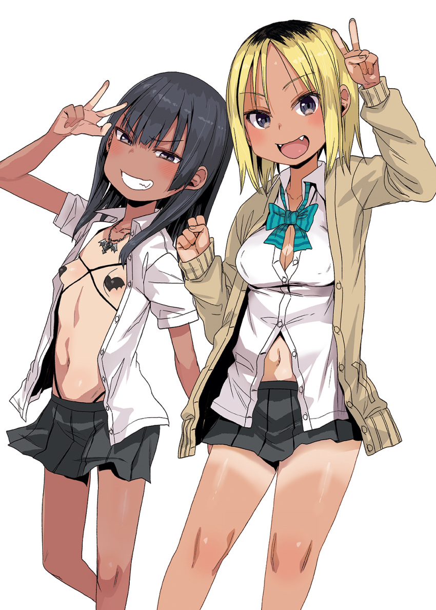 :d alexa_mahone beige_sweater black_hair black_panties black_skirt blonde_hair blouse blush bow bowtie breasts brown_eyes collared_shirt covered_nipples dark_skin eyebrows_visible_through_hair fangs grin gyaru hand_up highleg highleg_panties highres jewelry long_sleeves looking_at_viewer loose_bowtie medium_breasts medium_hair miniskirt multiple_girls navel necklace no_bra one-piece_tan open_clothes open_mouth open_shirt original panties parted_lips partially_unbuttoned pasties pleated_skirt school_uniform shirt short_hair shorts_tan simple_background skirt small_breasts smile standing straight_hair tan tanline unbuttoned underwear v white_background white_blouse wing_collar