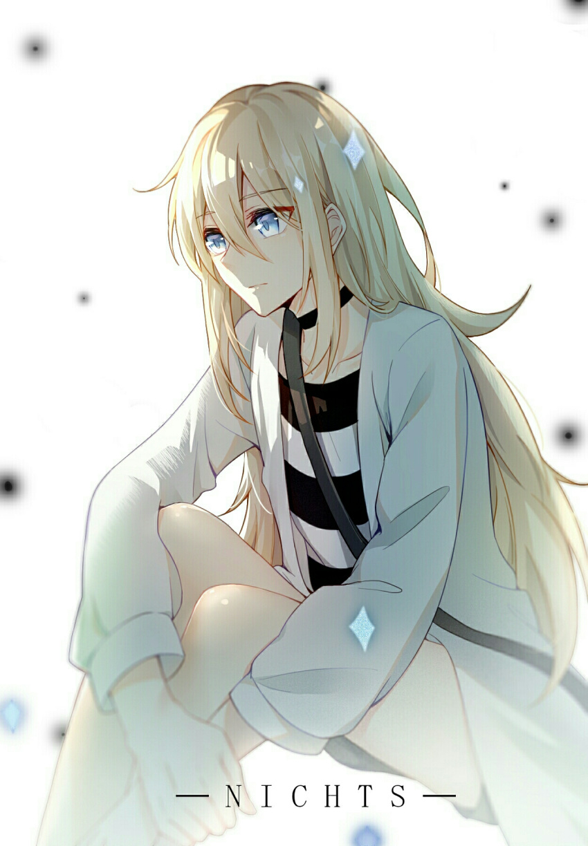 artist_name blonde_hair blue_eyes choker collarbone eyebrows_visible_through_hair hair_between_eyes highres jacket long_hair nichts_(pixiv19636538) open_clothes open_jacket rachel_gardner satsuriku_no_tenshi shirt short_shorts shorts simple_background sitting solo striped striped_shirt very_long_hair white_background white_jacket