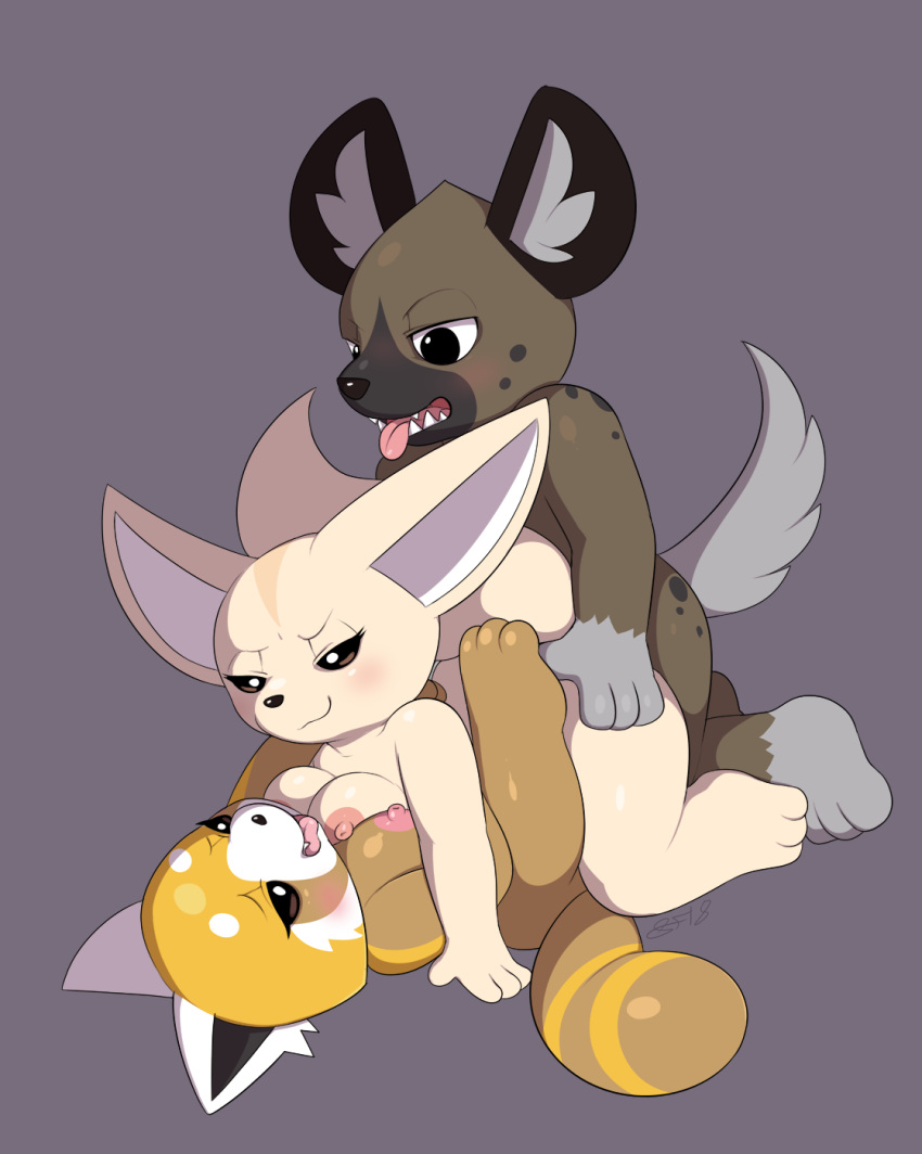 2018 aggressive_retsuko anthro anthro_on_anthro bisexual blush breast_squish breasts breasts_frottage canine female female/female fennec fenneko fox from_behind_position gloves_(marking) group group_sex haida hand_on_hip hyena interspecies legs_up lying male male/female mammal markings missionary_position nude on_back red_panda retsuko sandwich_position sex simple_background slimefur socks_(marking) threesome tongue tongue_out