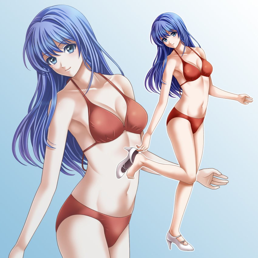 armpits bangs bikini blue_background blue_eyes blue_hair breasts closed_mouth collarbone cross-laced_footwear eyebrows_visible_through_hair fire_emblem fire_emblem:_monshou_no_nazo fire_emblem_heroes from_side full_body gradient gradient_background hair_between_eyes head_tilt high_heels highres leaning_to_the_side light_smile long_hair looking_at_viewer looking_to_the_side medium_breasts navel outline pegasus_knight pumps red_bikini removing_shoes sheeda shoe_removed shoes single_shoe smile solo standing standing_on_one_leg straight_hair swimsuit tamamon white_background white_footwear zoom_layer