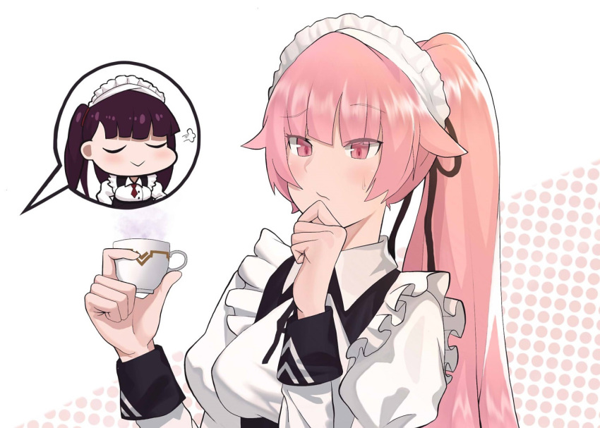 alternate_hairstyle bad_id bad_pixiv_id breasts cero_(last2stage) closed_eyes commentary_request cup girls_frontline long_hair maid maid_headdress multiple_girls ntw-20_(girls_frontline) pink_eyes pink_hair ponytail purple_hair teacup thinking wa2000_(girls_frontline)