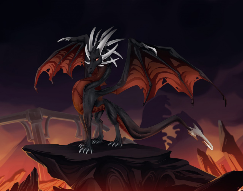 2018 claws cynder detailed_background digital_media_(artwork) dragon female feral membranous_wings outside red_eyes scalie schl4fmuetze sky solo spyro_the_dragon standing video_games western_dragon wings