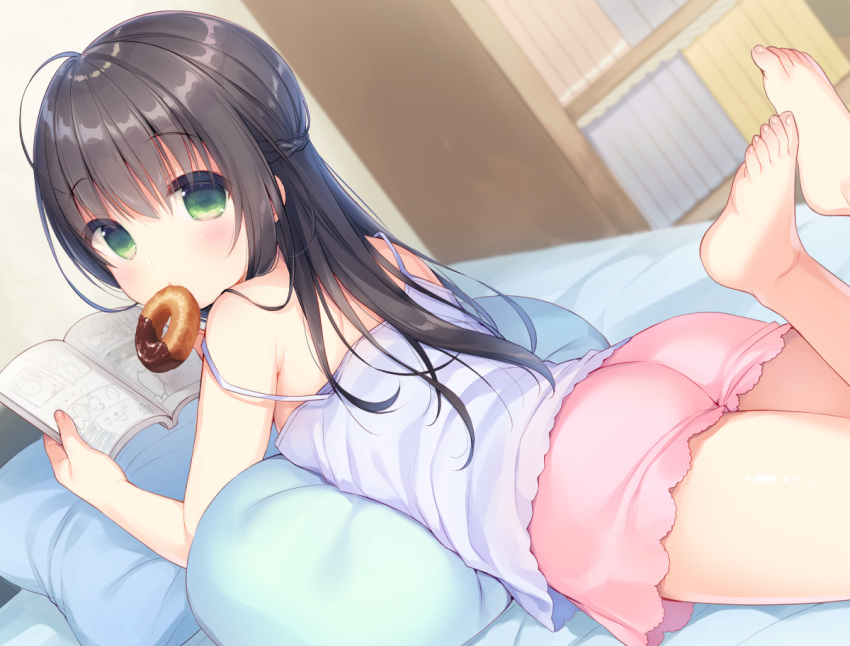 ass bangs bare_arms bare_legs bare_shoulders barefoot bed black_hair blurry blurry_background blush book bookshelf braid camisole commentary_request depth_of_field doughnut eyebrows_visible_through_hair feet fingernails food food_in_mouth green_eyes hair_between_eyes holding indoors legs_up long_hair lying mouth_hold on_bed on_stomach original pillow pink_shorts purple_camisole short_shorts shorts solo strap_slip toenails usashiro_mani very_long_hair