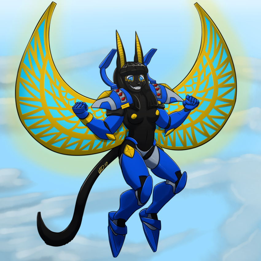 2017 anthro armor black_fur black_hair breasts cat cosplay egyptian excited feline female flying fur hair mammal may825 middles nefermasi nipples overwatch pharah sky smile solo straight_hair theviewer34 ultimate vid vid17 video_games wings yellow_ears yellow_nipples