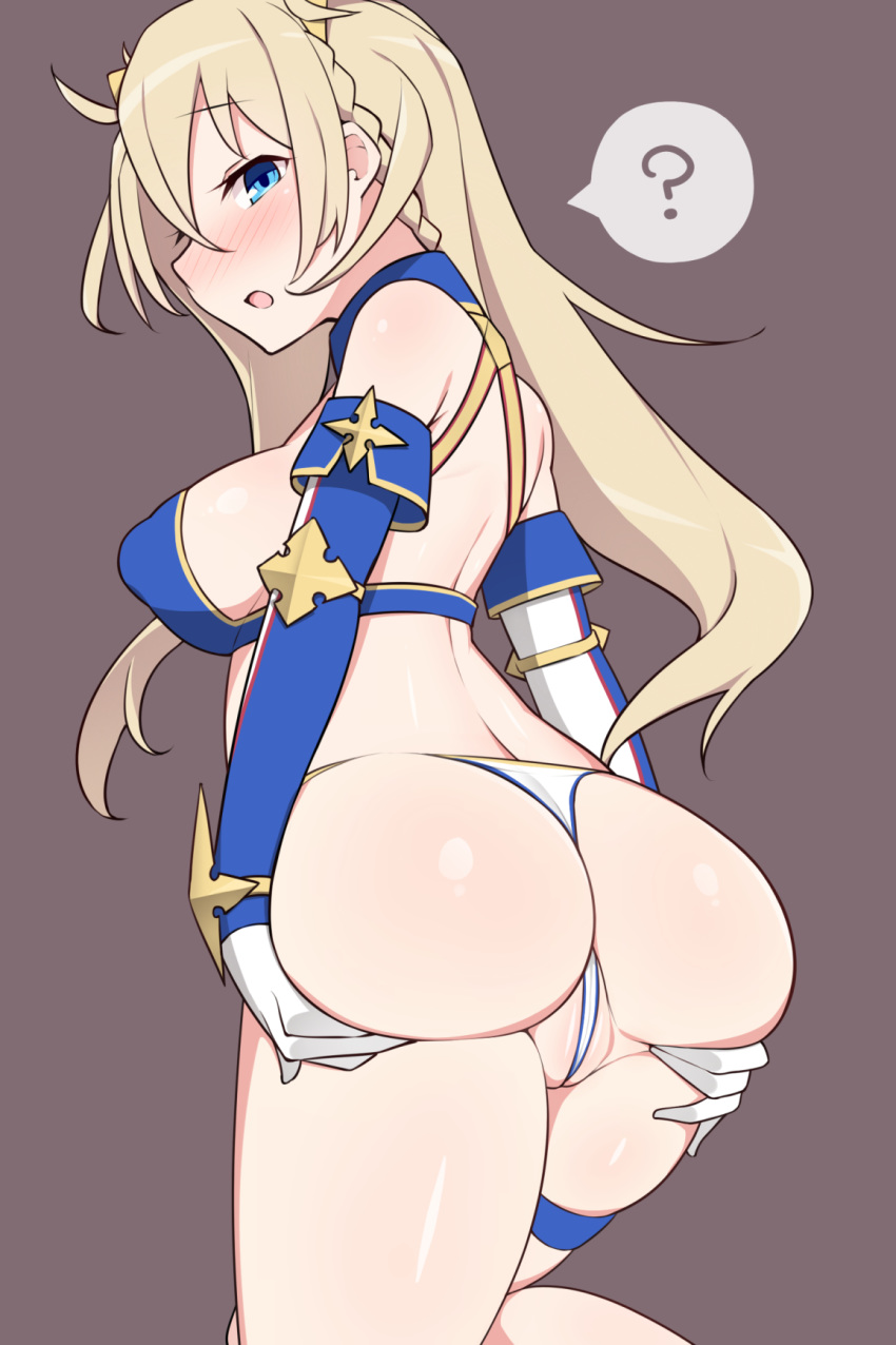 ? artist_request ass ass_support bare_shoulders blonde_hair blue_eyes blush bradamante_(fate/grand_order) braid breasts cameltoe deep_skin detached_sleeves elbow_gloves fate/grand_order fate_(series) from_behind frontal_wedgie gloves huge_ass large_breasts long_hair looking_at_viewer looking_back open_mouth panties partially_visible_vulva shiny shiny_hair shiny_skin sideboob solo thong twintails underwear very_long_hair wedgie