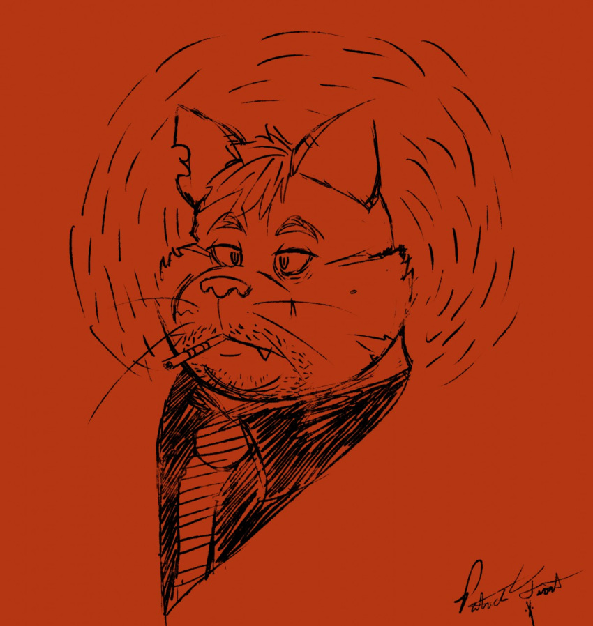 anthro chubby_cheeks cigarette clothed clothing domestic_cat double_chin felid feline felis fur hair male mammal monochrome necktie notched_ear red_background simple_background smoking solo stubble taoare whiskers