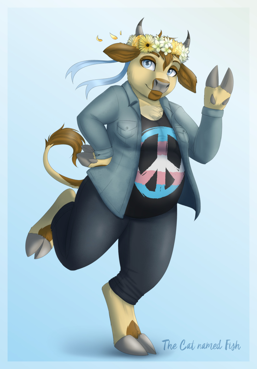 2018 anthro barefoot blue_eyes bovine breasts catnamedfish cattle clothed clothing digital_media_(artwork) female gay_pride hooves looking_at_viewer mammal pride_flag simple_background slightly_chubby smile transgender_pride_flag visibly_trans