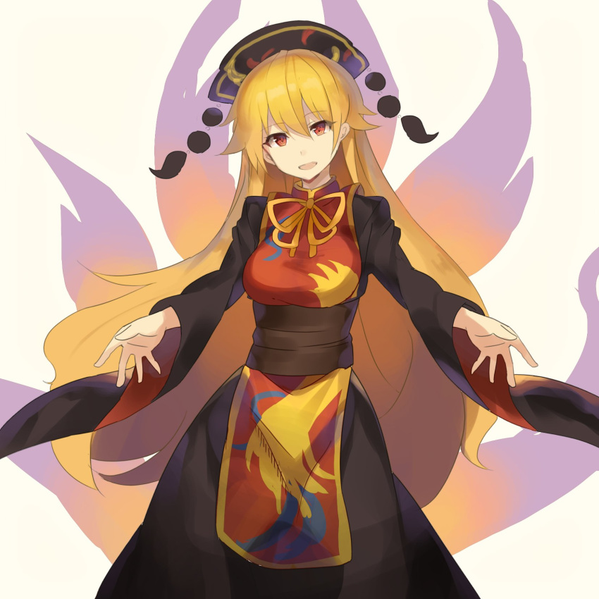 aura bangs beige_background black_dress black_sash blonde_hair breasts commentary_request dress eyebrows_visible_through_hair feet_out_of_frame hair_between_eyes head_tilt headdress highres junko_(touhou) large_breasts long_dress long_hair long_sleeves neck_ribbon open_mouth pom_pom_(clothes) red_eyes ribbon rin_falcon simple_background smile solo standing tabard tassel touhou very_long_hair wide_sleeves yellow_neckwear yellow_ribbon