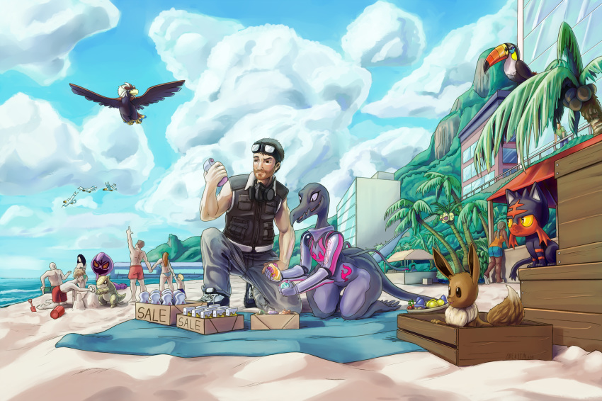 absurd_res ambiguous_gender arbok beach bikini braviary clothing detailed_background eevee exeggutor female greasymojo group hi_res human litten male mammal nintendo outside pok&eacute;mon pok&eacute;mon_(species) pok&eacute;mon_trainer salazzle sand sandshrew seaside swimsuit toucannon video_games