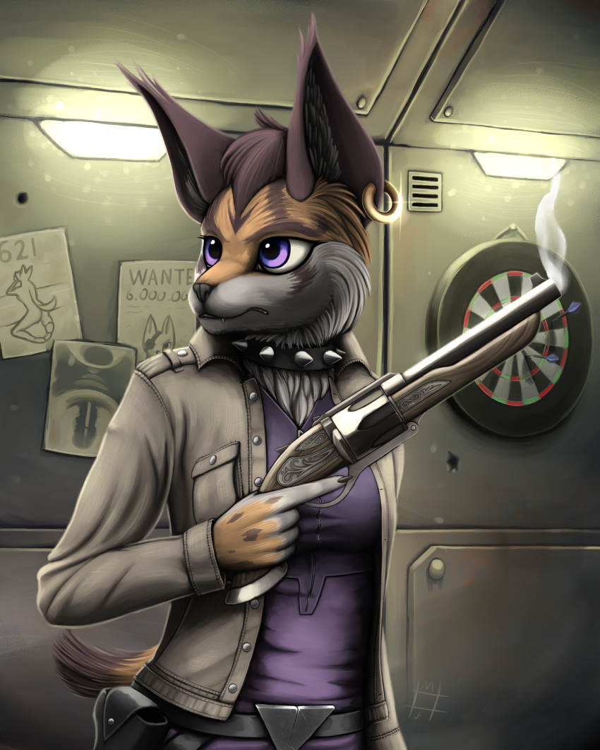 2018 absurd_res anthro clothing ear_piercing feline female gun handgun hi_res mammal mdigamma1 miyu_lynx nintendo piercing ranged_weapon solo star_fox video_games weapon