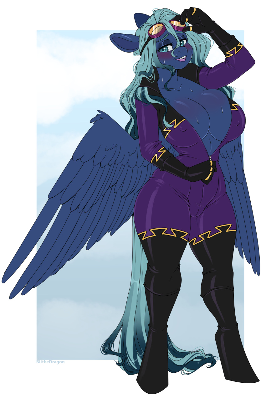 anthro big_breasts blithedragon blush breasts clothing equine female fenale huge_breasts mammal midnight_mist my_little_pony overheating pegasus shadowbolts sweat uniform wings