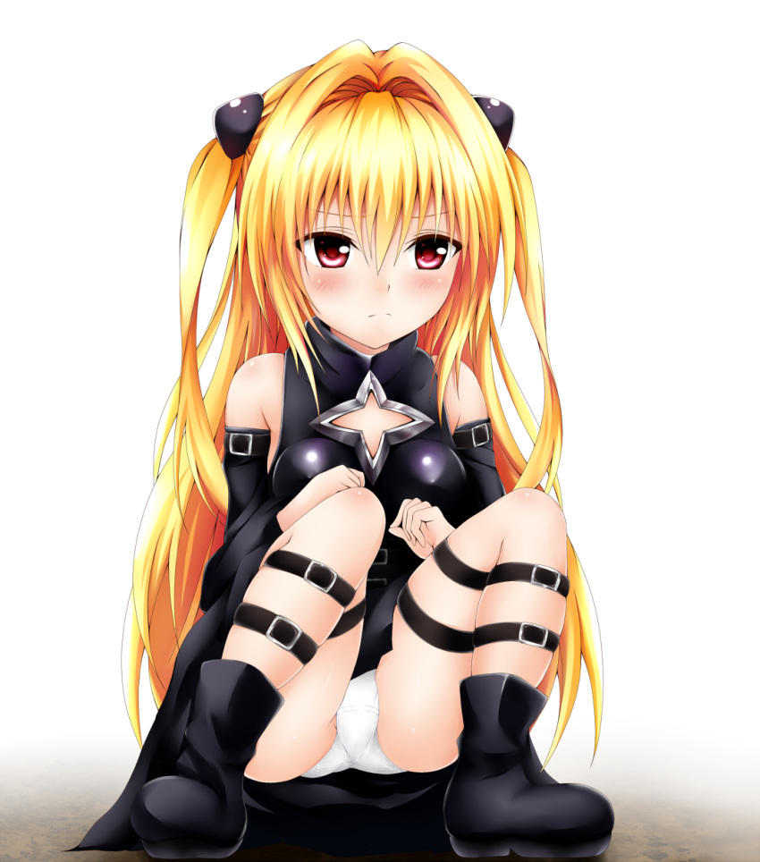 black_dress black_footwear blonde_hair boots commentary_request detached_sleeves dress hair_intakes hair_ornament hairclip highres katze_(pixiv) konjiki_no_yami long_hair panties pantyshot pantyshot_(squatting) red_eyes short_dress solo squatting thigh_strap to_love-ru two_side_up underwear upskirt very_long_hair white_panties