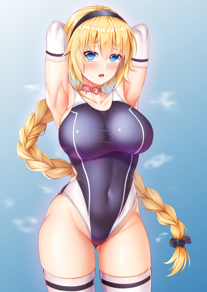 armpits arms_behind_head arms_up ass_visible_through_thighs bangs black_hairband black_scrunchie blonde_hair blue_eyes blue_swimsuit blush braid breasts commentary_request competition_swimsuit covered_navel cowboy_shot elbow_gloves eyebrows_visible_through_hair fate/grand_order fate_(series) gloves hair_ornament hair_scrunchie hairband heart_collar highleg highleg_swimsuit highres jeanne_d'arc_(fate) jeanne_d'arc_(fate)_(all) large_breasts long_hair looking_at_viewer one-piece_swimsuit open_mouth pink_collar scrunchie single_braid solo standing standing_on_liquid swimsuit taut_clothes taut_swimsuit thighhighs upper_teeth very_long_hair white_gloves white_legwear zuizhong