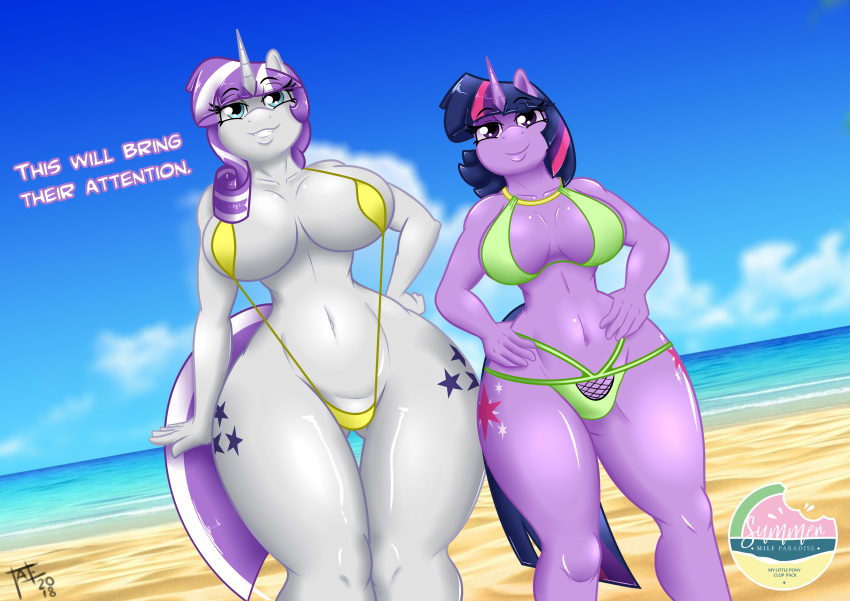 2018 5_fingers absurd_res anthro beach big_breasts bikini blue_eyes breasts clothed clothing cloud cutie_mark daughter dialogue duo english_text equine eyebrows eyelashes female friendship_is_magic grin hair hand_on_hip hi_res horn larger_female mammal mature_female mother mother_and_daughter multicolored_hair my_little_pony navel outside parent portrait pose purple_eyes purple_hair sand sea seaside signature size_difference sky sling_bikini smile standing string_bikini summer swimsuit tatemil teeth text thick_thighs three-quarter_portrait twilight_sparkle_(mlp) twilight_velvet_(mlp) two_tone_hair unicorn water white_hair wide_hips