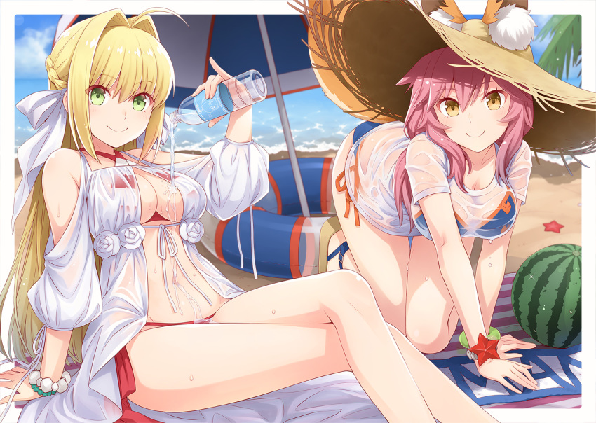 ahoge all_fours animal_ear_fluff animal_ears beach_umbrella bead_bracelet beads bikini bikini_under_clothes blue_bikini bracelet breasts cleavage collarbone criss-cross_halter day earrings ears_through_headwear fate/grand_order fate_(series) food fox_ears fox_tail fruit green_eyes groin ha-ru halterneck hat innertube jewelry large_breasts long_legs multiple_girls nature navel nero_claudius_(fate)_(all) nero_claudius_(swimsuit_caster)_(fate) ocean outdoors parasol pink_hair red_bikini shirt side-tie_bikini straw_hat striped striped_bikini swimsuit tail tamamo_(fate)_(all) tamamo_no_mae_(swimsuit_lancer)_(fate) towel umbrella water watermelon wet wet_clothes wet_shirt wet_t-shirt yellow_eyes