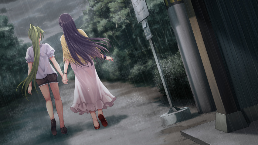 back bus_stop cloud cloudy_sky commentary dress english_commentary from_behind furude_rika game_cg green_hair grey_sky highres higurashi_no_naku_koro_ni hinamizawa_teiryuujo holding_hands long_dress long_hair md5_mismatch multiple_girls official_art older outdoors ponytail puffy_short_sleeves puffy_sleeves purple_hair rain scenery short_sleeves skirt sky sonozaki_mion teenage tomozo_kaoru tree wet