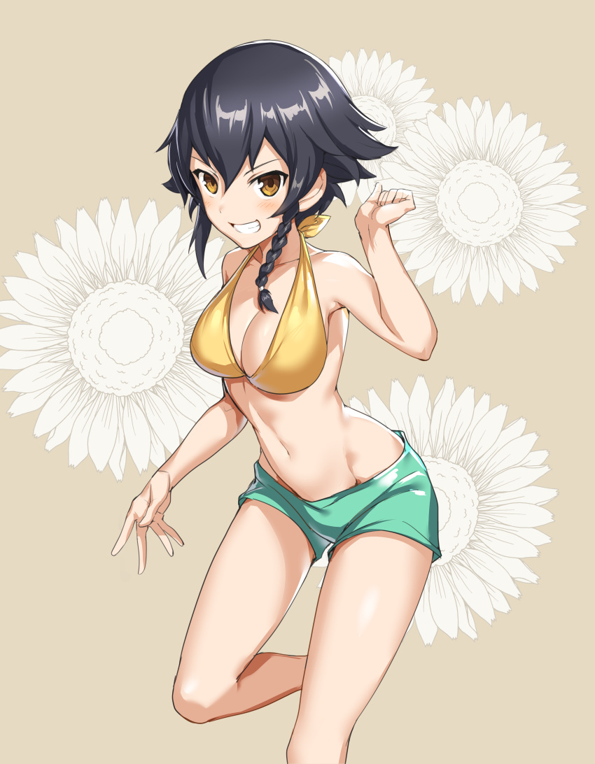 absurdres bangs bikini bikini_shorts black_hair braid breasts brown_background brown_eyes cleavage clenched_hand commentary curcumin floral_background floral_print girls_und_panzer green_bikini_bottom grin highres leaning_forward leg_up looking_at_viewer medium_breasts mismatched_bikini navel pepperoni_(girls_und_panzer) short_hair shorts side_braid smile solo standing standing_on_one_leg swimsuit v-shaped_eyebrows yellow_bikini_top