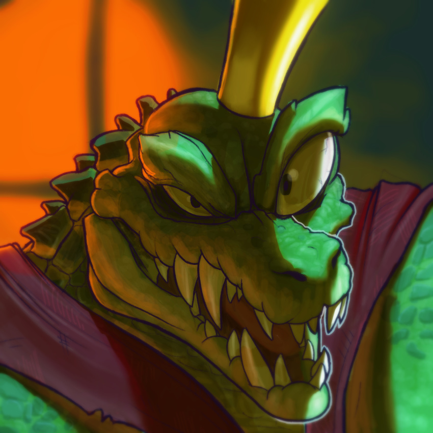 2018 cape clothing crocodilian crown digital_media_(artwork) donkey_kong_(series) green_scales king_k_rool kremling looking_at_viewer male nintendo open_mouth reptile scales scalie sharp_teeth solo teeth tongue unknown_artist video_games