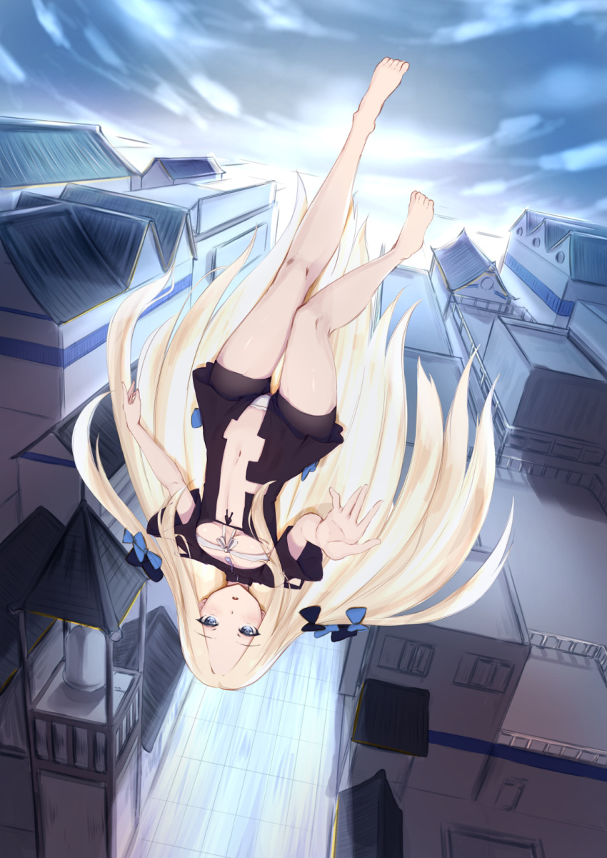 abigail_williams_(fate/grand_order) bangs bare_legs barefoot bell bell_tower black_dress blonde_hair blue_bow blue_eyes blush bow breasts building commentary_request dress eyebrows_visible_through_hair fate/grand_order fate_(series) flying forehead hair_bow highres jilu long_hair navel outdoors panties parted_bangs parted_lips ribbon short_sleeves small_breasts solo tower underwear upside-down very_long_hair white_panties white_ribbon wide_sleeves