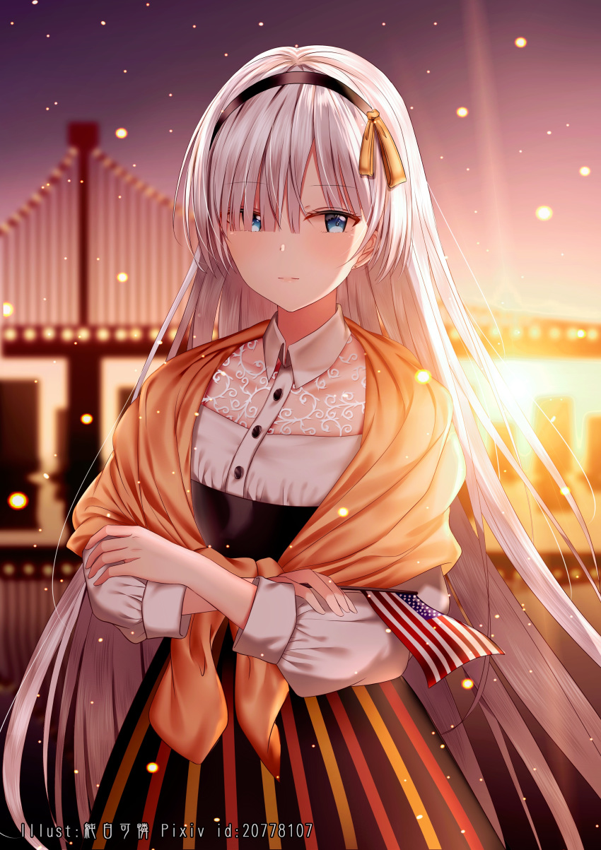 absurdres american_flag anastasia_(fate/grand_order) bangs black_hairband black_skirt blue_eyes blurry blurry_background blush closed_mouth collared_shirt commentary_request crossed_arms depth_of_field dress dress_shirt eyebrows_visible_through_hair fate/grand_order fate_(series) flag golden_gate_bridge hair_over_one_eye hairband high-waist_skirt highres holding holding_flag junpaku_karen long_hair long_sleeves looking_at_viewer outdoors pixiv_id puffy_long_sleeves puffy_sleeves see-through shawl shirt silver_hair skirt sky solo standing striped vertical-striped_skirt vertical_stripes very_long_hair white_dress