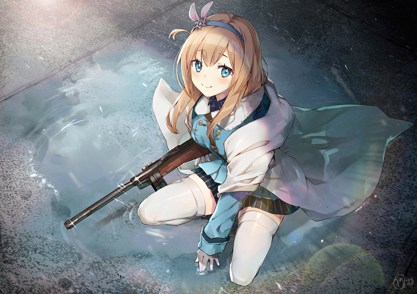 bangs black_skirt blue_eyes blue_hairband blue_jacket blush breasts closed_mouth commentary eyebrows_visible_through_hair from_above girls_frontline gloves gun hair_between_eyes hair_ornament hairband holding holding_gun holding_weapon jacket light_brown_hair long_hair long_sleeves looking_at_viewer looking_up medium_breasts nagu object_namesake puddle shawl signature skirt sleeves_past_wrists smile snowflake_hair_ornament solo squatting striped submachine_gun suomi_kp/-31 suomi_kp31_(girls_frontline) thighhighs vertical-striped_skirt vertical_stripes water weapon white_gloves white_legwear