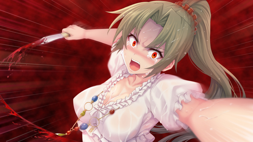 blood blush breasts cleavage crazy_eyes crying crying_with_eyes_open game_cg green_hair highres higurashi_no_naku_koro_ni hinamizawa_teiryuujo knife long_hair looking_at_viewer official_art open_mouth ponytail red_eyes screaming scrunchie solo sonozaki_mion spoilers tears teeth tomozo_kaoru wet wet_clothes wet_hair