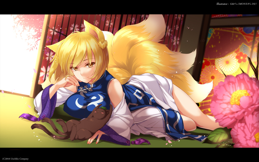 ^_^ adapted_costume animal_ears artist_name bangs bare_shoulders blonde_hair blush_stickers breasts brown_cat cat chen chen_(cat) cherry_blossoms chinese_clothes closed_eyes detached_sleeves dress dutch_angle eyebrows_visible_through_hair floral_print flower fox_ears fox_tail green_hat hat highres indoors large_breasts letterboxed light_particles long_sleeves looking_at_viewer lying mob_cap moneti_(daifuku) multiple_tails nail_polish nekomata no_hat no_headwear on_floor on_stomach pink_flower pink_lips pink_nails scan short_dress short_hair sliding_doors tabard tail thighs touhou twisted_torso two_tails white_dress wide_sleeves yakumo_ran yellow_eyes