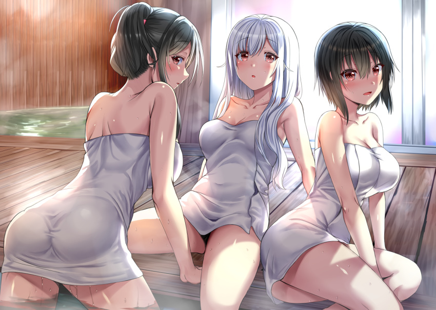 aldehyde ass bare_shoulders bathhouse black_hair blush breasts collarbone commentary_request eyebrows_visible_through_hair folded_ponytail hair_up imoko_(neeko's_sister) indoors large_breasts looking_at_viewer mother_and_daughter multiple_girls naked_towel neeko neeko's_mother original red_eyes siblings silver_hair sisters steam towel water wet wooden_floor