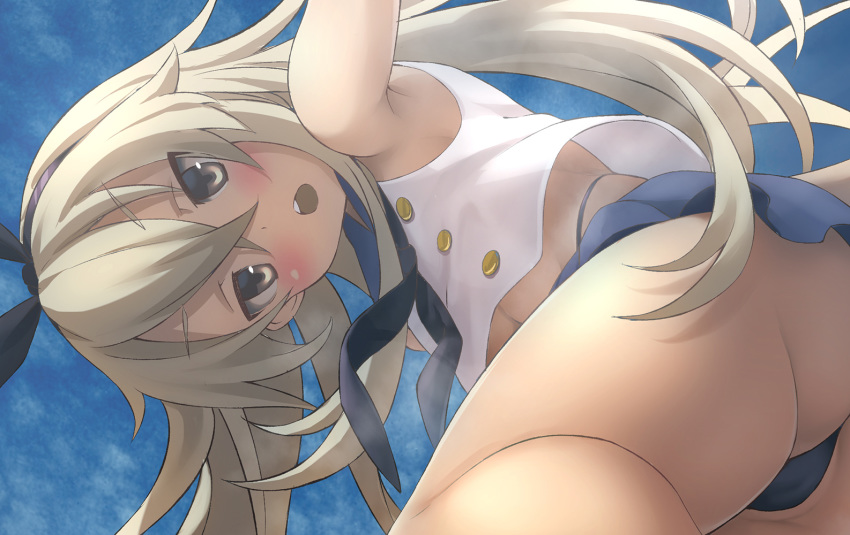 ass black_neckwear black_panties blonde_hair blue_skirt blue_sky blush brown_eyes eyebrows_visible_through_hair hair_between_eyes kantai_collection kuro_oolong long_hair looking_at_viewer miniskirt neckerchief open_mouth panties sailor_collar school_uniform serafuku shimakaze_(kantai_collection) skirt sky solo underwear